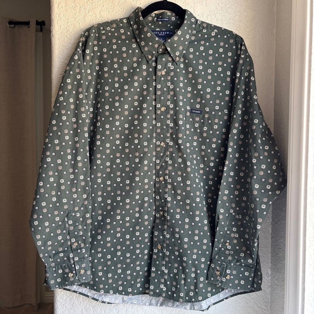 Ivy Crew Men XL Button Down Shirt Vintage 90 Green Geometric Long Sleeve Cotton